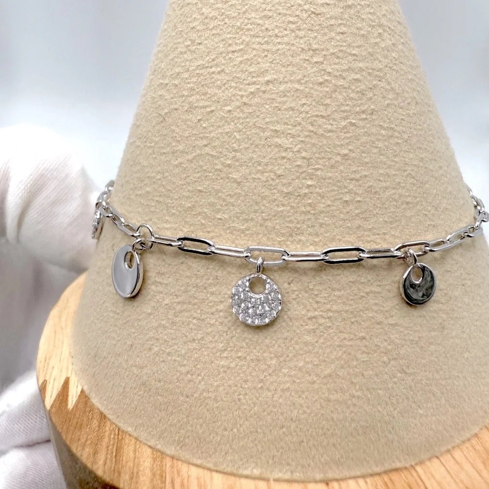 7” .925 Sterling Silver Dangle Cz Circle Charm Bracelet